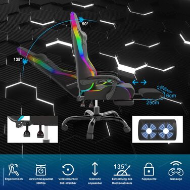 Ігрове крісло Devoko LED з масажем, комп'ютерне крісло з масажною подушкою для попереку, гоночне геймерське крісло ергономічне з р
