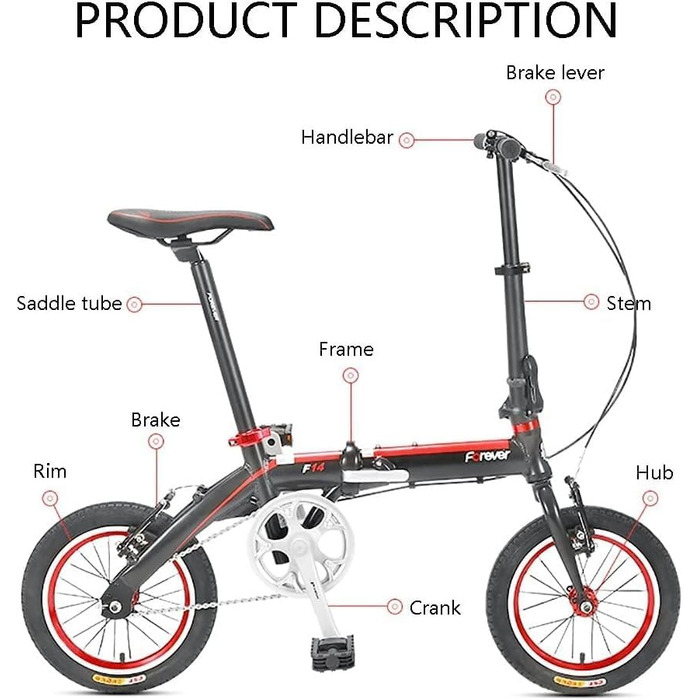 Дюймовий складний велосипед, товстостінна рама з вуглецевої сталі, підходить для їзди на свіжому повітрі, велосипед зі змінною швидкістю для дорослих A, 14 дюймів 14 дюймів A, 14-