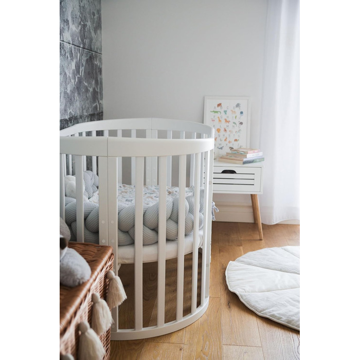 Дитяче ліжко Waldin Oval, комплект трансформованого 7-в-1, ліжечко, дитяче ліжко з матрацом, пеленальний столик, приліжкове ліжечко, дерево білого кольору, комплект тканини не входить до комплекту