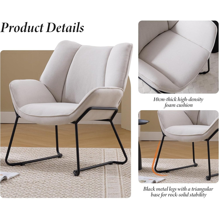 Сучасне м&39яке крісло/крісло-шезлонг/крісло для читання/крісло-підлокітник з металевими ніжками для спальні/вітальні, лляне, бежевий