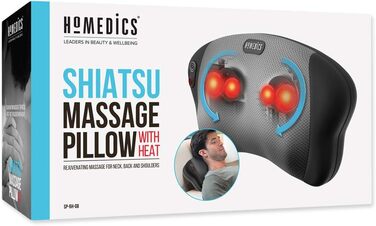 Масажна подушка HoMedics, масаж Шиацу з м'яким теплом, звільненням від вузлів і напруги, розслабленням в області шиї, плечей і спини, універсальний, компактний і зручний в транспортуванні Чорний