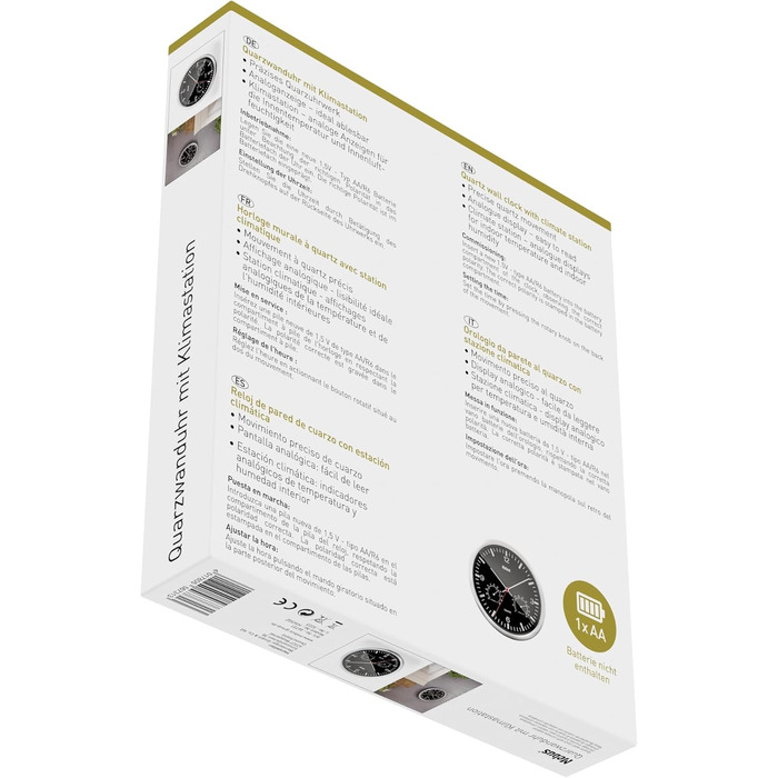 Кварцовий настінний годинник Mebus з термометром і гігрометром / срібна рамка / чорний циферблат / діаметр 25 см / круглий / модел