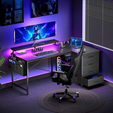 Кутовий письмовий стіл ODK з 4 тканинними шухлядами, 140x80 см, двосторонній L-подібний стіл з 2 розетками та 2 портами зарядки USB, L-подібний ігровий стіл зі світлодіодним освітленням та підставкою для монітора для домашнього офісу, чорний 140 x 80 см