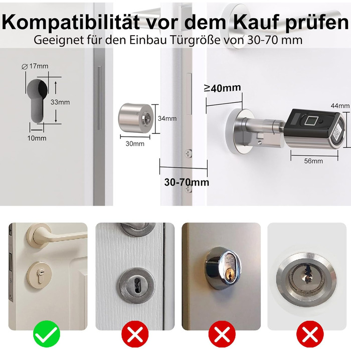 Електронний дверний замок із RFID-картою Bluetooth WiFi для 30-70 мм регульованого циліндра, електронний замок із відбитком пальця, сріблястий, 51 Fingerprint Lock