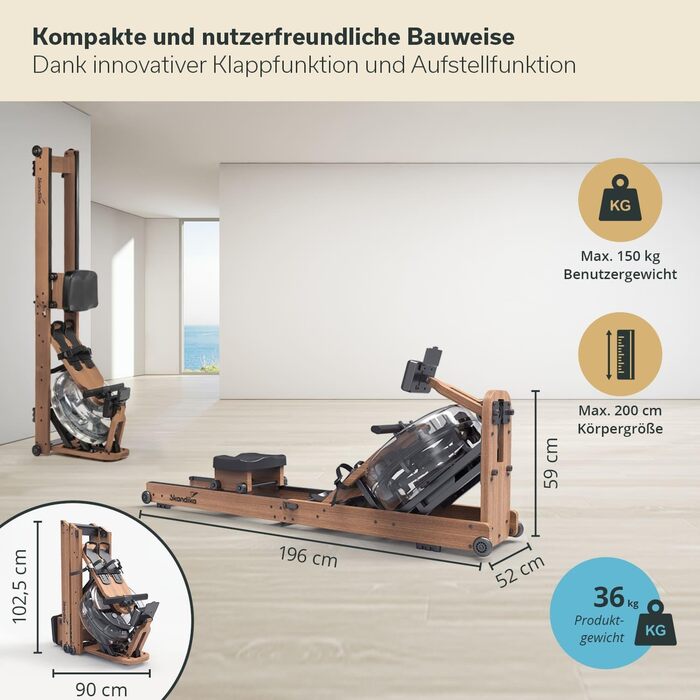 Дерев&39яний складний водний гребний тренажер Skandika Nytta Дерев&39яний водний гребний тренажер з баком 45, зібраний на 95, швидке складання, виготовлений з масиву європейського бука, сумісний із додатком Kinomap, домашній гребний тренажер, темний бук