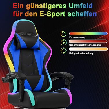 Ігрове крісло JUMMICO зі світлодіодним освітленням, круте гоночне ігрове крісло, ергономічне офісне крісло з функцією масажу, регульована спинка 90-135, з телескопічною підставкою для ніг, ігрове крісло вантажопідйомністю 150 кг, синє