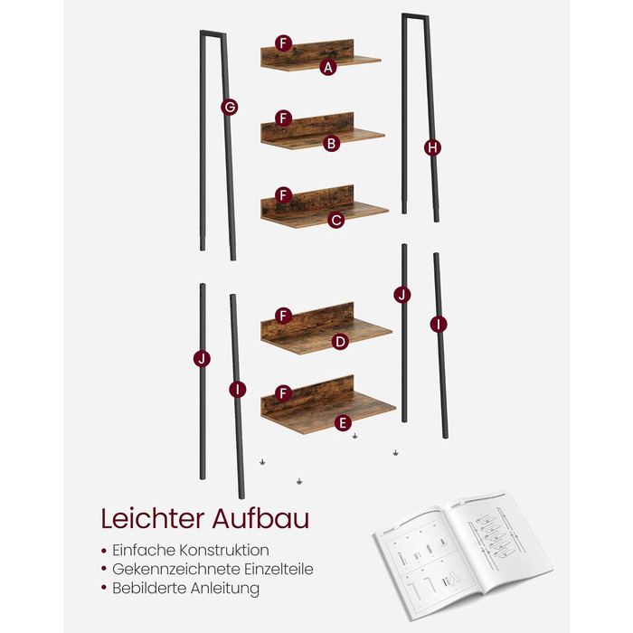 Книжкова полиця VASAGLE, полиця-драбина, 5 ярусів, вузька полиця, відкрита окремостояча полиця для кабінету, вітальні, спальні, кухні, промисловий дизайн, вінтажний коричнево-чорний LLS067B01 Вінтажний коричневий чорний 5 полиць (60Ш x 170В см)