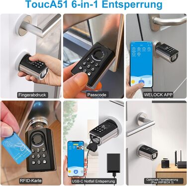 Дверний замок WELOCK ToucA51 із відбитками пальців, передні двері з кодовим замком із відбитками пальців, із додатком RFID-картки, дверний замок з електронним кодом, регульований запірний циліндр для дверей 3070 мм