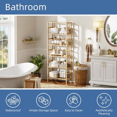 Рівнева книжкова полиця HITNET, полиця для ванної кімнати, висока окремостояча бамбукова полиця з регульованими полицями, полиця для дисплея та рослин для житлового простору, натуральний колір, 6-