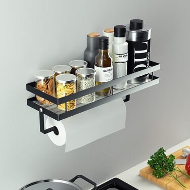 Настінна полиця для спецій, кухонна полиця без свердління, настінна полиця для кухні з 4 гачками та тримачем для кухонних пакунок для кухні, ванної кімнати, комода, полиці для спецій тощо