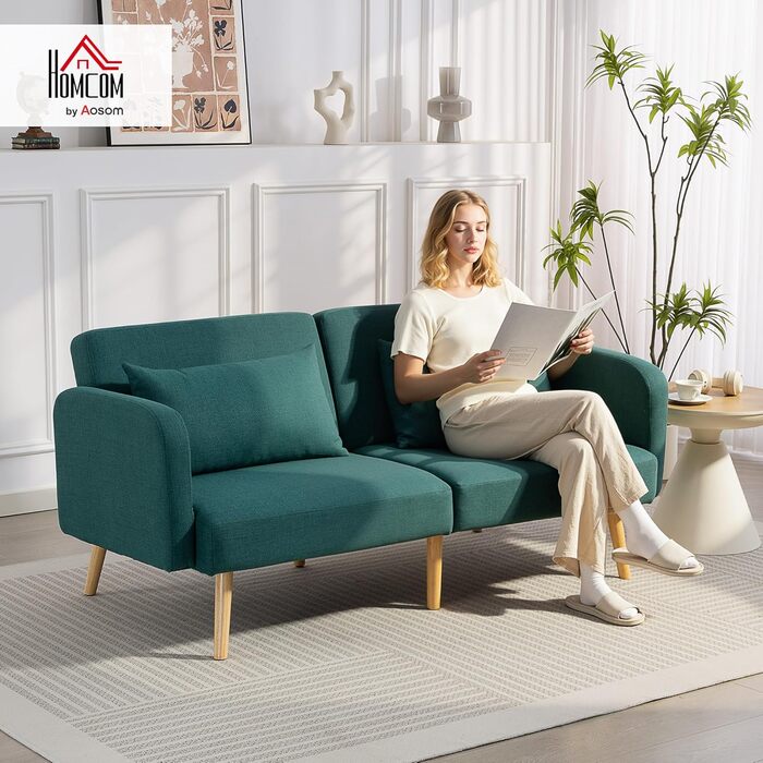 Диван-ліжко HOMCOM, 3-місний диван з функцією ліжка, 2 подушки, м&39який диван з регульованим підлокітником, лляний вигляд, для вітальні, спальні, 170 x 83 x 80 см, зелений
