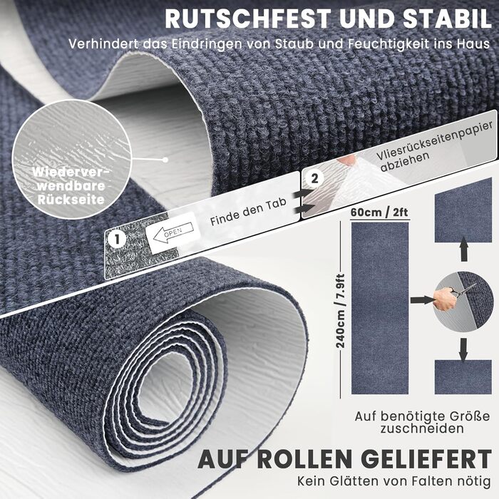 Нековзка килимова доріжка для передпокою 240x60 см, килимова доріжка, яку можна прати, для входу, кухні, спальні, вітальні, передпокою, довга, килимок для дверей, килимок для входу, брудозатримуючий килимок, для приміщень (темно-сірий), темно-сірий 60 x 2