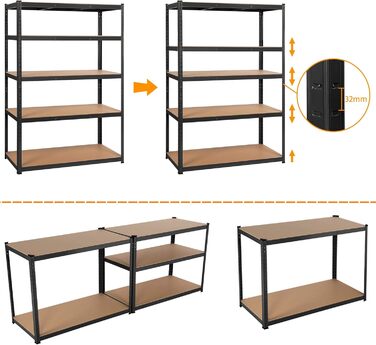 Міцний стелаж 180x120x60 см Система стелажів Регульовані полиці Безболтовий стелаж 875 кг Полиця 5 МДФ панелей Полиця для зберігання Полиця для підвалу Полиця для гаража Чорний 180 x 120 x 60 см, 2 шт.