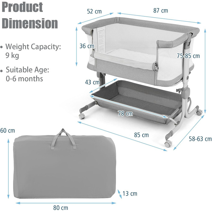 Дитяче ліжечко LIFEZEAL, 6-рівневе регулювання висоти, дитяче ліжко з матрацом та колесами, портативне дорожнє ліжечко для дітей 0-6 місяців, колиска з кошиком для зберігання (світло-сірий)