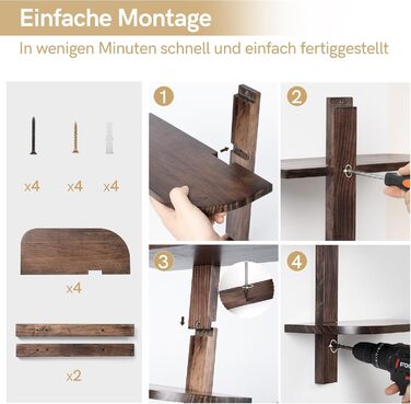 Настінна полиця Afily Vintage Wooden Wall Shelf, 4 рівні вертикальна плаваюча полиця коричневого кольору із закругленими кутами, компактна підвісна полиця з масиву дерева, настінний декор для ванної кімнати, кухні, вітальні