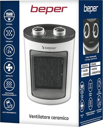 Керамічний вентилятор-обігрівач BEPER RI.080, сучасний дизайн, компактний, економний, регульований термостат, два рівні потужності, захист від перегріву, з ручкою, керамічний, PTC вентилятор-обігрівач, білий/чорний
