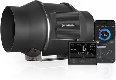 Тихий 6-дюймовий вбудований канальний вентилятор з контролером температури та вологості, додаток Bluetooth - вентиляційний витяжний вентилятор для опалення, охолодження, намети для вирощування, гідропоніка, 6