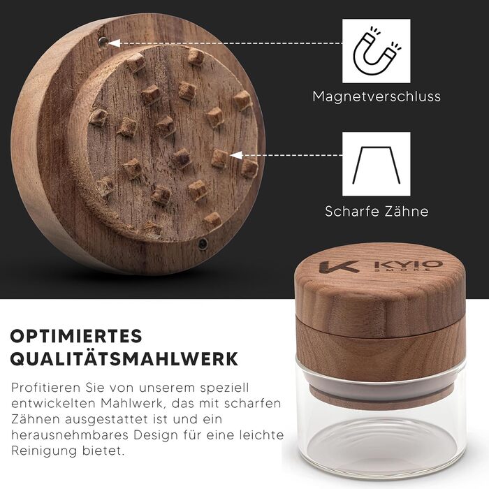 Подрібнювач натурального дерева Велика, високоякісна дробарка з 3 частин з магнітною кришкою (горіх)