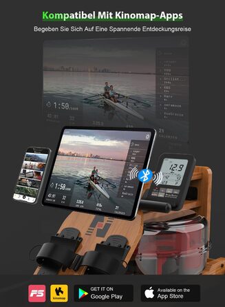 Водний гребний тренажер Neezee для домашнього використання, складний гребний тренажер з масиву дерева з Bluetooth-дисплеєм та тримачем для планшета, максимальна вантажопідйомність 200 кг, сумісний із застосунком Kinomap Braun (з Bluetooth)