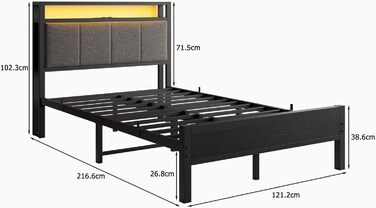 Ліжко 120x200 см, каркас ліжка із зарядною станцією, міцне металеве ліжко з дерев&39яним узголів&39ям для зберігання та тканиною, гостьове ліжко, двоспальне/односпальне ліжко, каркас ліжка для гостьової кімнати, металеве з рейковою основою, чорне, 120 x 2