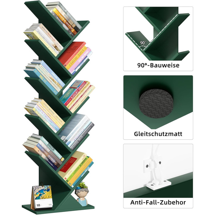 Книжкова полиця у формі дерева, 10-ярусна окремостояча полиця для книг/CD/журналів, DVD, дерев&39яна книжкова полиця для вітальні, спальні та домашнього офісу, темно-зелена, 20Г x 34Ш x 101В см