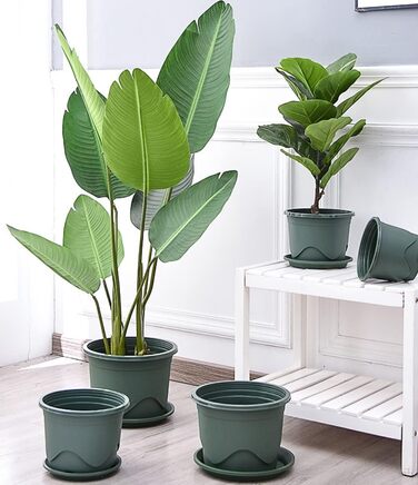 Набір із 6 пластикових горщиків для рослин KAHEIGN, квіткові горщики 22 см з блюдцями, пластикові горщики для розсади, горщики для трав, декоративні для використання в приміщенні та на вулиці (зелені)