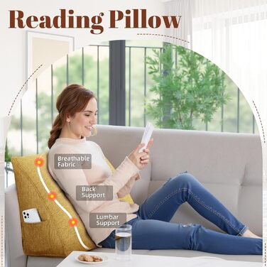 Подушка для читання Трикутна клиноподібна подушка для ліжка та дивана, зручна подушка для спини, мяка опорна подушка для читання та відпочинку, зі знімним чохлом, який можна прати, жовта, 45 см