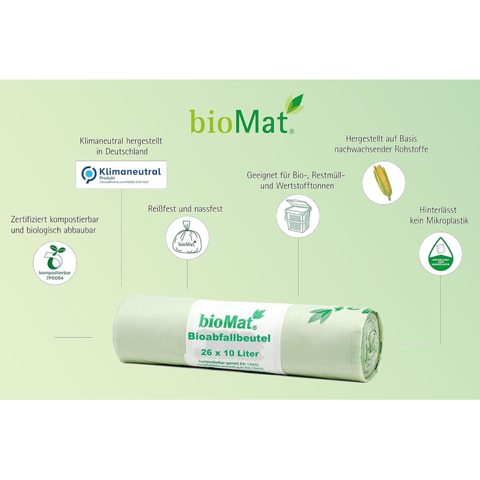 Компостовані пакети для біовідходів bioMat об&39ємом 10 л з ручкою для перенесення, 104 пакети, преміальна якість, сертифіковані DIN, кліматично нейтральні, зроблені в Німеччині