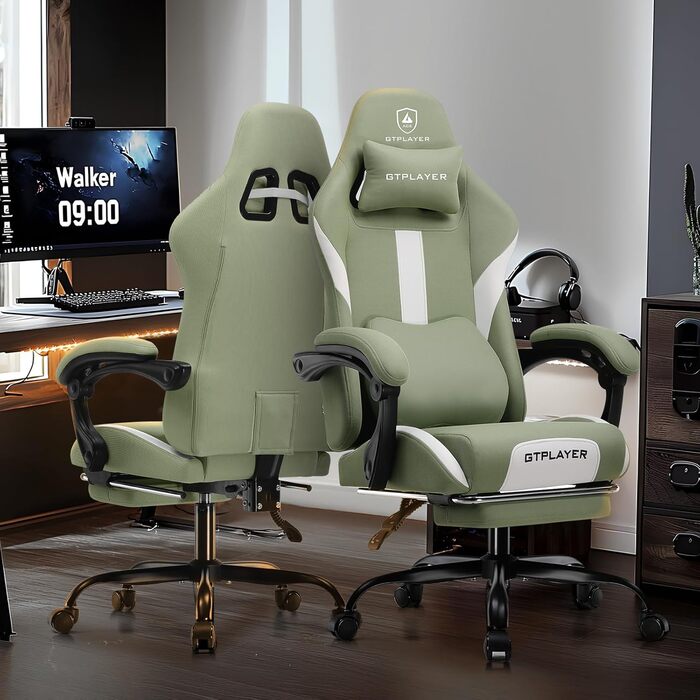Ігрове крісло GTPLAYER, Геймерське крісло, Дихаюче офісне крісло з високоякісної тканини, Ергономічне крісло для ПК, Регульоване та поворотне робоче крісло 150 кг, Зелене