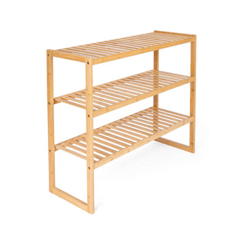 Бамбукова полиця для взуття, штабелювана полиця для ванної кімнати та кухні, натуральне покриття, 3-рівнева полиця з системою вставок, компактна, розміри Ш/Г 75x26x62 см