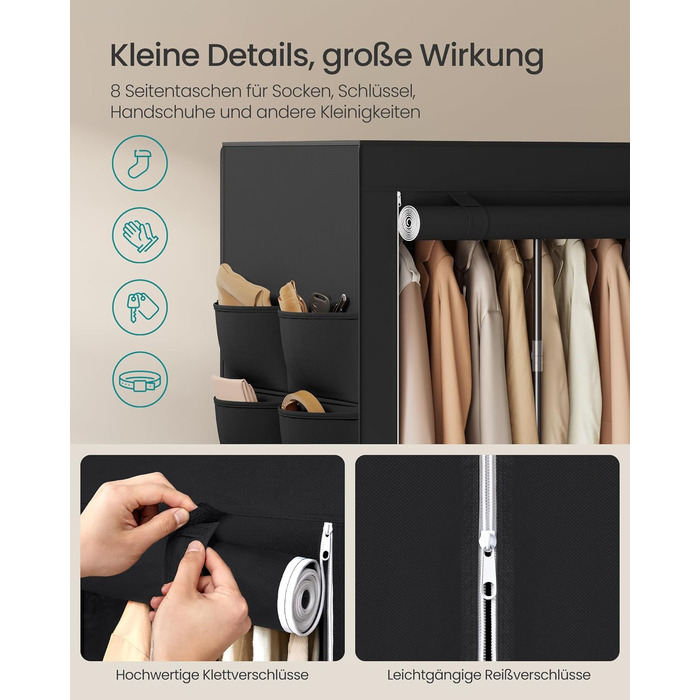 Шафа, Тканинна шафа для спальні, Шафа з вішалкою для одягу, Полиці, Бічні кишені, Велика, 4 відділення для вішалок, 45 x 189 x 180 см, Чорний RYG011BZ02 189B см