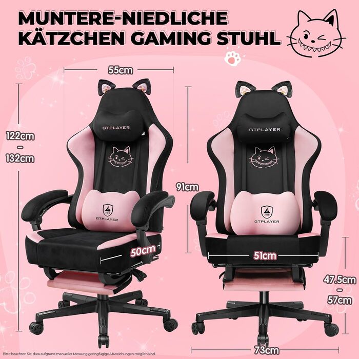 Миле ігрове крісло з оксамитовою тканиною, ергономічне офісне крісло, ігрове крісло з котячими вушками, піною з ефектом пам&39яті та підставкою для ніг, 150 кг, рожева тканина