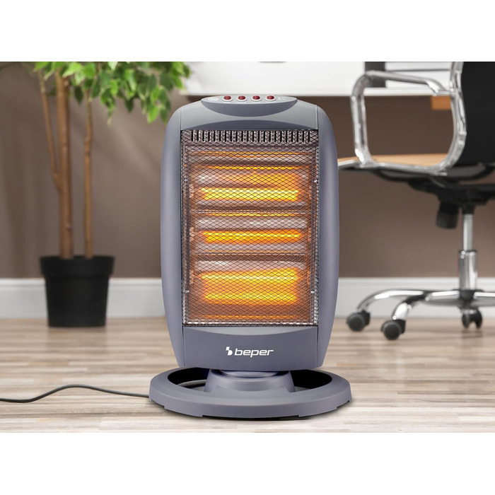 Галогенна нагрівальна панель BEPER P203PAN011, 400/800/1200 Вт, 3 нагрівальні елементи, 3 рівні потужності, автоматичне горизонтальне коливання, функція ECO та автоматичне вимкнення, сіра
