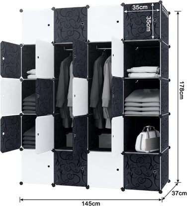 Система полиць, вставний стелаж із пластику, шафа з дверима та рейкою для одягу, шафа для спальні, комбінована шафа для одягу, книг, іграшок (20 кубиків, білий та чорний)