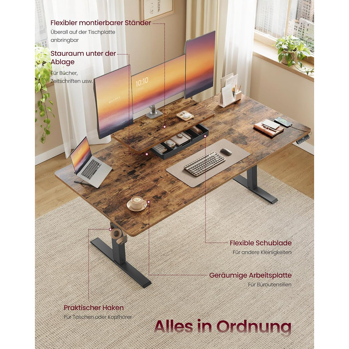 Письмовий стіл з регульованою висотою, 160 x 80 см, гнучка підставка для монітора, шухляда, порт USB-C, нагадування про тривале сидіння, для офісу, вінтажний коричневий LSD156KD01 160 x 80 см вінтажний коричневий