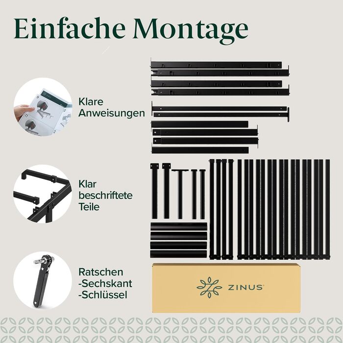 Каркас ліжка Zinus Van 140x200 см - Металеве ліжко 140x200 з металевою рейковою основою - Платформа заввишки 41 см з простором під нею - Пружинний матрац не потрібен - Легке складання - Чорний 140 x 200 см