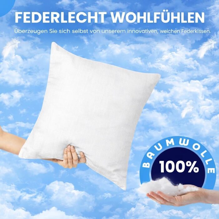 Пухові подушки 80x80 см (комплект з 2 шт.) - Подушки зі 100 пір&39яним наповнювачем та бавовняним чохлом, сертифіковані Oeko-Tex та виготовлені в Німеччині, ідеально підходять для алергіків та дітей, наповнювач 1200 г, комплект з 2 шт., 80 x 80 см
