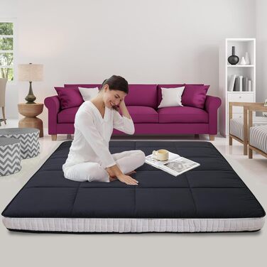 Матрац футон 140 x 200 см, розкладний матрац, товщина 10 см, японський матрац на підлозі, розкладний матрац, дихаючий лежак на підлозі, гостьове ліжко для кемпінгу, диван (чорний, повний матрац), чорний 140 x 200 см