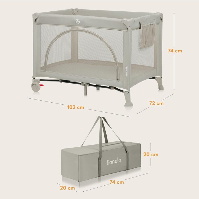 Дорожнє ліжечко Lionelo Laura 2-в-1 до 15 кг, манеж від 0 до 36 місяців, бічний вхід T25, пінопластовий матрац, 2 налаштування висоти, дорожня сумка, колеса з гальмами