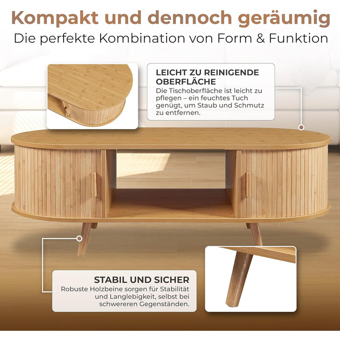 Журнальний столик Nordkapp, стіл для вітальні з 2 розсувними дверима, бамбуковий диван-столик з місцем для зберігання, журнальний столик з дерев&39яними ніжками, 120 x 55 x 40 см