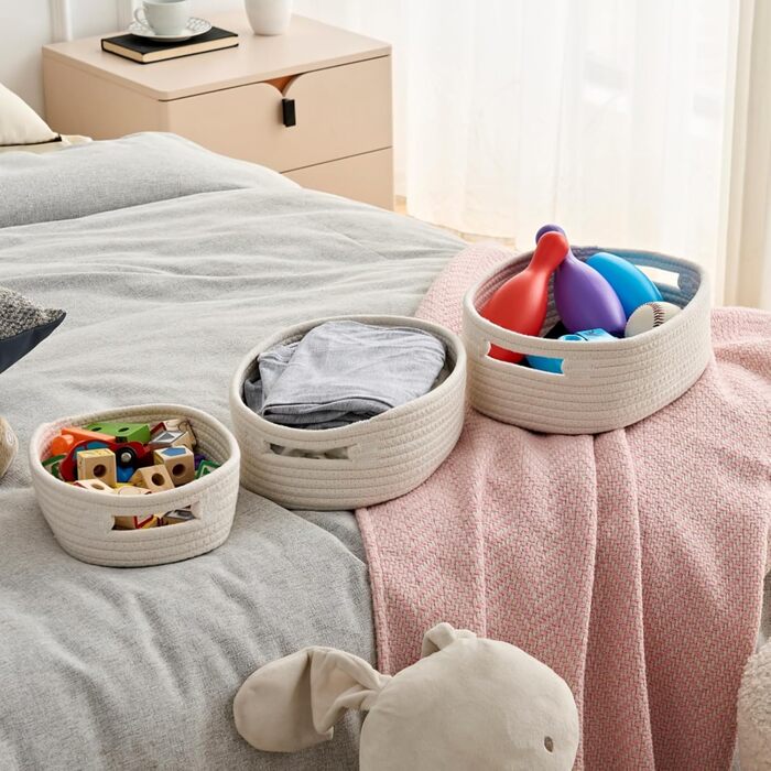 Кошик для зберігання Sagittar, набір із 7 предметів, виготовлений з бавовняної тканини ручного в&39язання, органайзер для одягу та іншого, плетений кошик з бавовняної мотузки для дитячої кімнати та вітальні, білий, 7 предметів