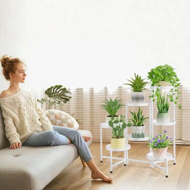 Велика 7-рівнева металева підставка для рослин, підставка для квітів, полиця для рослин, для приміщень/вулиці, складна кімнатна підставка для рослин, полиця для саду, балкону, вітальні (кругла, чорна) 7 рівнів, біла