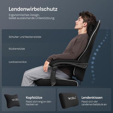 Ігрове крісло WOLTU, тканина зі зручною пружинною подушкою, прохолодне влітку, ергономічне ігрове крісло високої вантажопідйомності з підголівником, поперековою подушкою, підставкою для ніг, технічна тканина, чорний колір