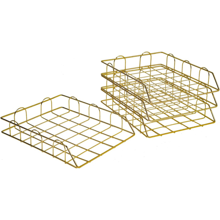 Лоток для документів A4, золотий, 4-елементний металевий стелаж для документів, лоток для паперу, що штабелюється, відділення для зберігання, настільний органайзер із золотим сітчастим дизайном