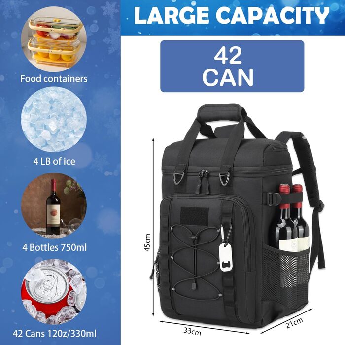 Сумка-холодильник на 42 банки, великий рюкзак-холодильник, тактична ізольована сумка для ланчу, сумка для пікніка на пляжі, барбекю, кемпінгу, чорна