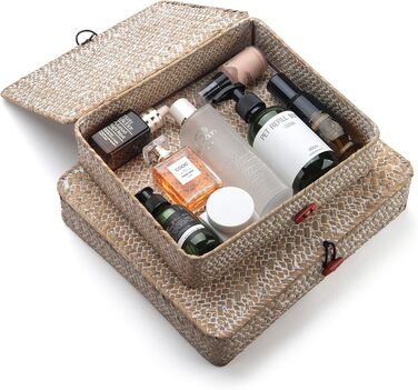 Прямокутний кошик для зберігання з ротанга, полиці з натуральної плетеної морської трави з кришками, 2 предмети (великий малий для білої білизни)