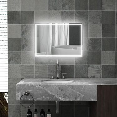 Дзеркало для ванної кімнати HOMCOM, дзеркало для ванної кімнати зі світлодіодним підсвічуванням, настінне дзеркало 70 x 50 см, дзеркало з протитуманним світлом з сенсорним вимикачем, IP44