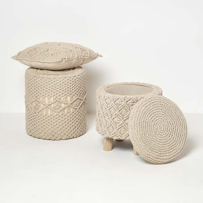 Табурет Homescapes Indy Macrame з місцем для зберігання, натуральний, 443 см, тканинний табурет з дерев&39яними ніжками, круглий табурет, стиль бохо