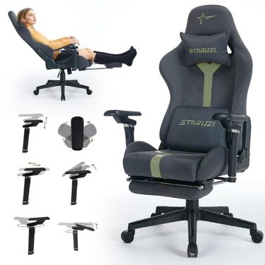 Ергономічне ігрове крісло з регульованими підлокітниками 6D - штучна шкіра, ігрове крісло для ПК з підставкою для ніг, дихаюче ігрове крісло з кутом нахилу 90-155, сіро-зелена штучна замша - зелені нейлонові ніжки