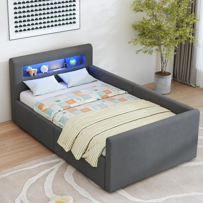 Дитяче ліжко okwish з м&39якою поверхнею, 90x200 см, дитяче ліжко з гідравлічним відділенням для зберігання, світлодіодним нічником та USB-портом, оксамитова тканина, темно-сірий колір, без матраца, темно-сірий 90 x 200 см